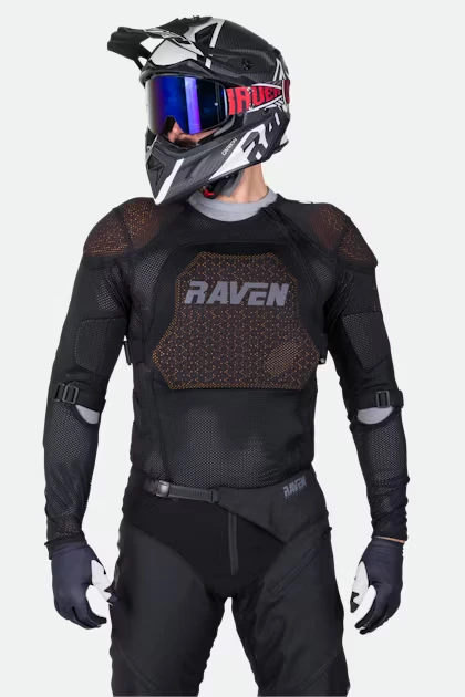 Raven Soft Shield body armor worn during offroad riding showing chest protection and fit