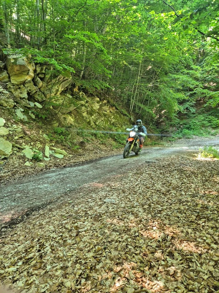 Αναβάτης adventure μοτοσυκλέτας σε δασικό χωματόδρομο στα Πιέρια Όρη κατά το AdvTroffy 2026