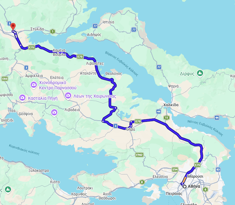 Χάρτης διαδρομής από Αθήνα προς Λαμία μέσω εθνικής οδού